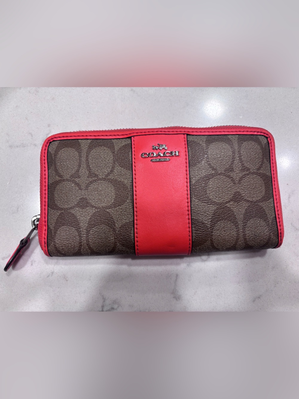 Coach Brown Signature Zip-Around Wallet with Coral Trim